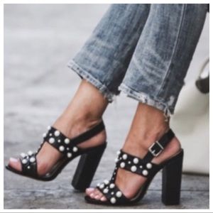 Schutz Zarita Sandal Black Leather open Toe Pearl Pump (6)